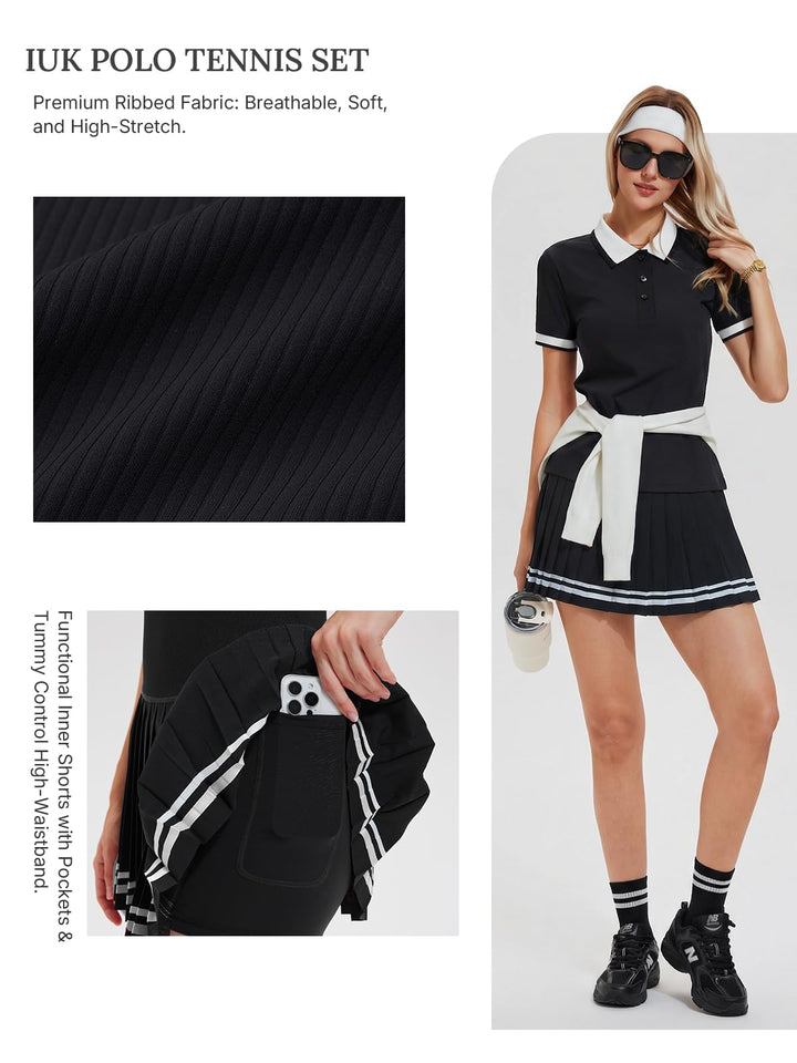 IUK Womens 2 Piece Tennis Skirt Set Polo Pleated Skort with Pockets Golf Pickleball Badminton Athletic Workout Outfit
