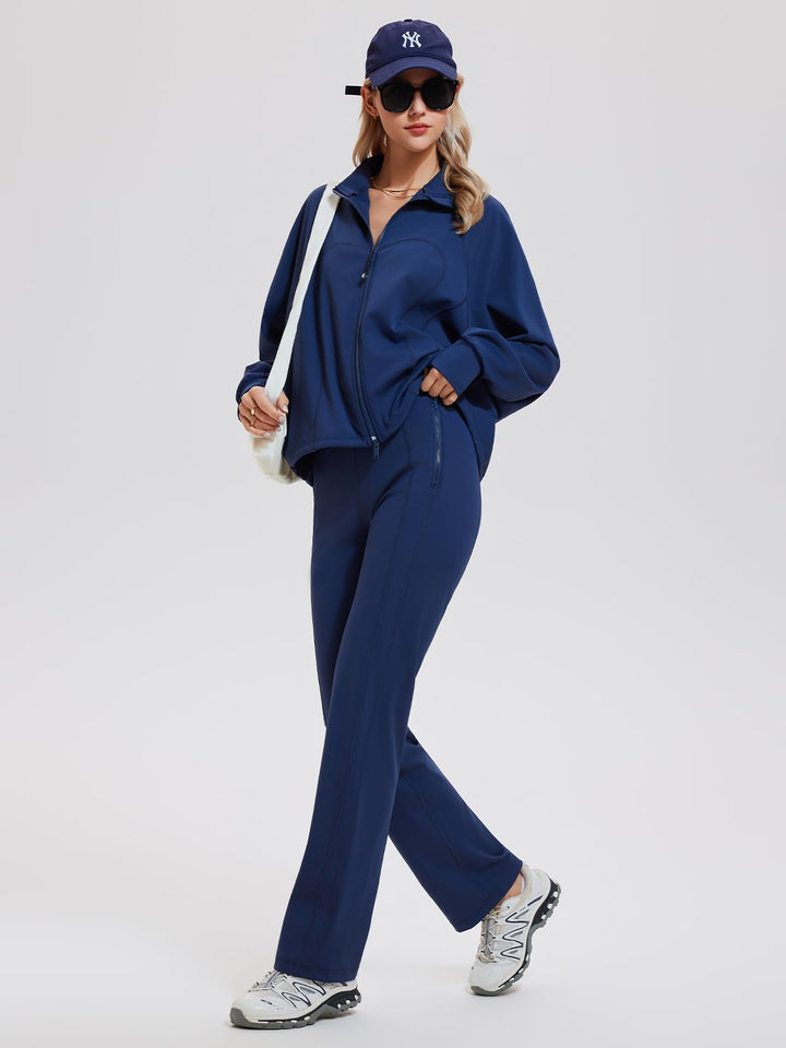 IUK Women’s 2 Piece Athleisure Lounge Set, Oversized Zip Up Jacket &amp; High Waisted Straight Leg Pants, Matching Outfit