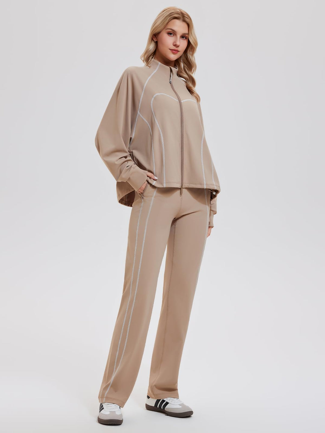 IUK Women’s 2 Piece Athleisure Lounge Set, Oversized Zip Up Jacket &amp; High Waisted Straight Leg Pants, Matching Outfit