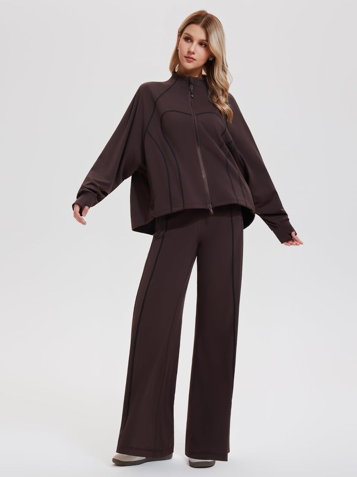 IUK Tall Women’s 2 Piece Athleisure Lounge Set, Oversized Zip Up Jacket &amp; High Waisted Wide Leg Pants, Matching Active Outfit