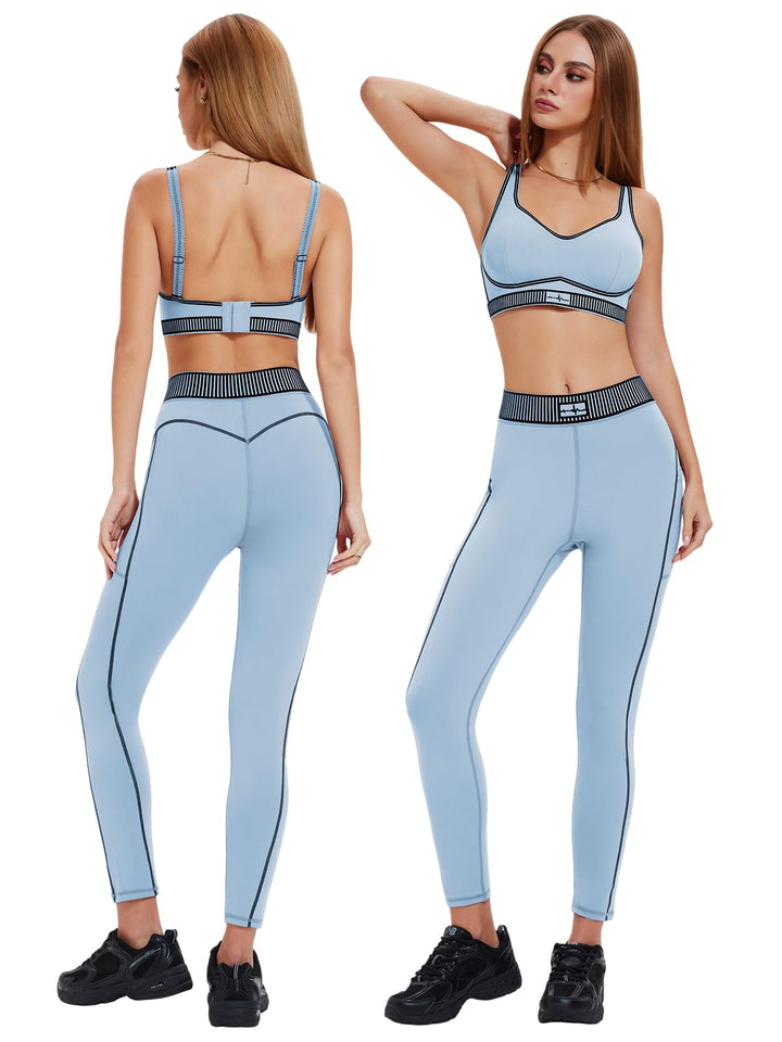 IUK Workout Sets for Women 2 Piece Matching Set Sport Plunge V Neck Bra Legging with Pockets Gym Travel Outfits Yoga Athletic