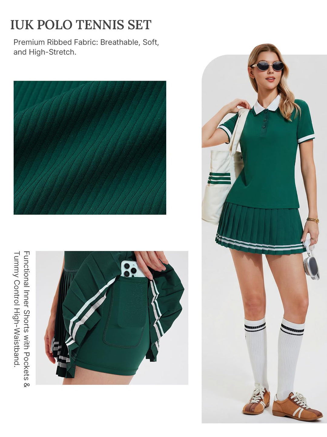 IUK Womens 2 Piece Tennis Skirt Set Polo Pleated Skort with Pockets Golf Pickleball Badminton Athletic Workout Outfit