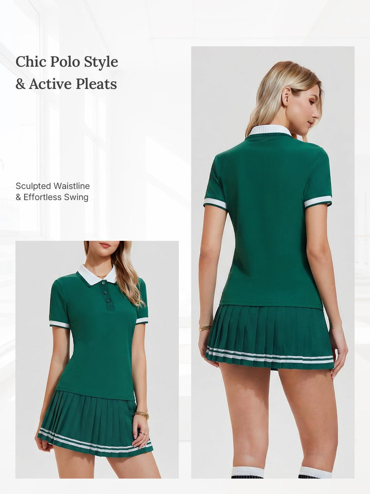 IUK Womens 2 Piece Tennis Skirt Set Polo Pleated Skort with Pockets Golf Pickleball Badminton Athletic Workout Outfit