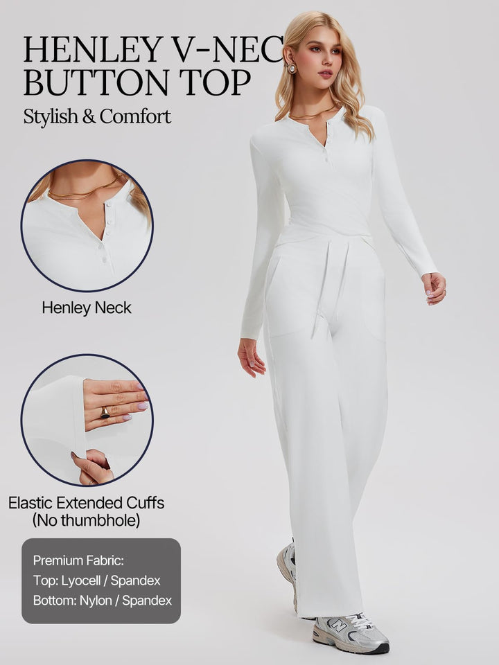 Womens Henley Y2K Lounge Sets 2 Piece Outfit Airport Travel Tracksuit Sweatsuit Outfits Tall Matching Set High Waist Pants