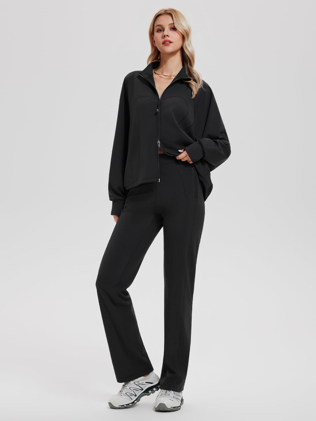 IUK Women’s 2 Piece Athleisure Lounge Set, Oversized Zip Up Jacket &amp; High Waisted Straight Leg Pants, Matching Outfit
