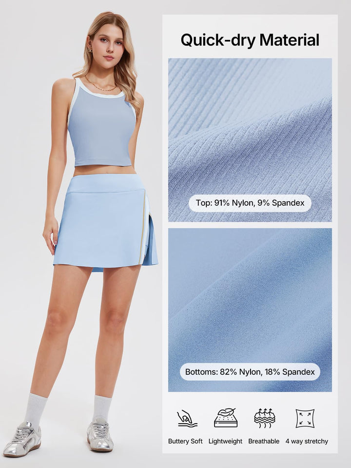Women’s 2 Piece Tennis Skirt Set Athletic Side Slit Skort with 4 Pockets &amp; Padded Racerback Crop Top for Pickleball Golf