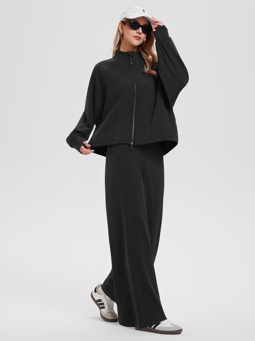 IUK Tall Women’s 2 Piece Athleisure Lounge Set, Oversized Zip Up Jacket &amp; High Waisted Wide Leg Pants, Matching Active Outfit