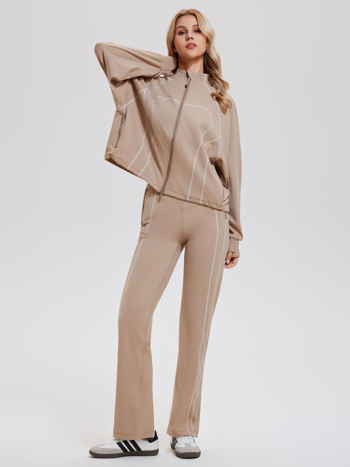 IUK Women’s 2 Piece Athleisure Lounge Set, Oversized Zip Up Jacket &amp; High Waisted Straight Leg Pants, Matching Outfit