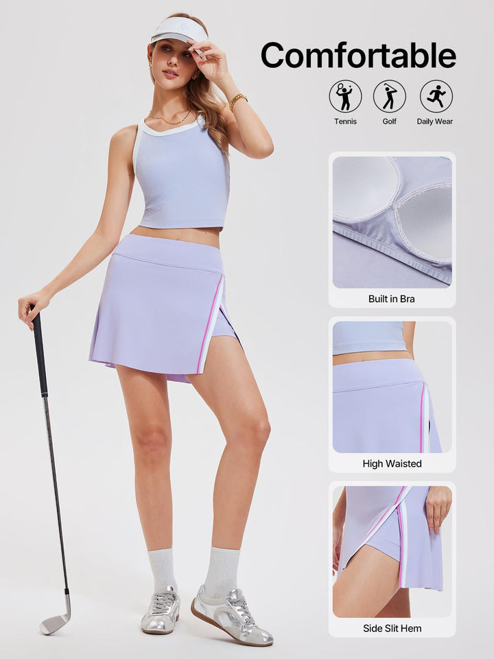 Women’s 2 Piece Tennis Skirt Set Athletic Side Slit Skort with 4 Pockets &amp; Padded Racerback Crop Top for Pickleball Golf