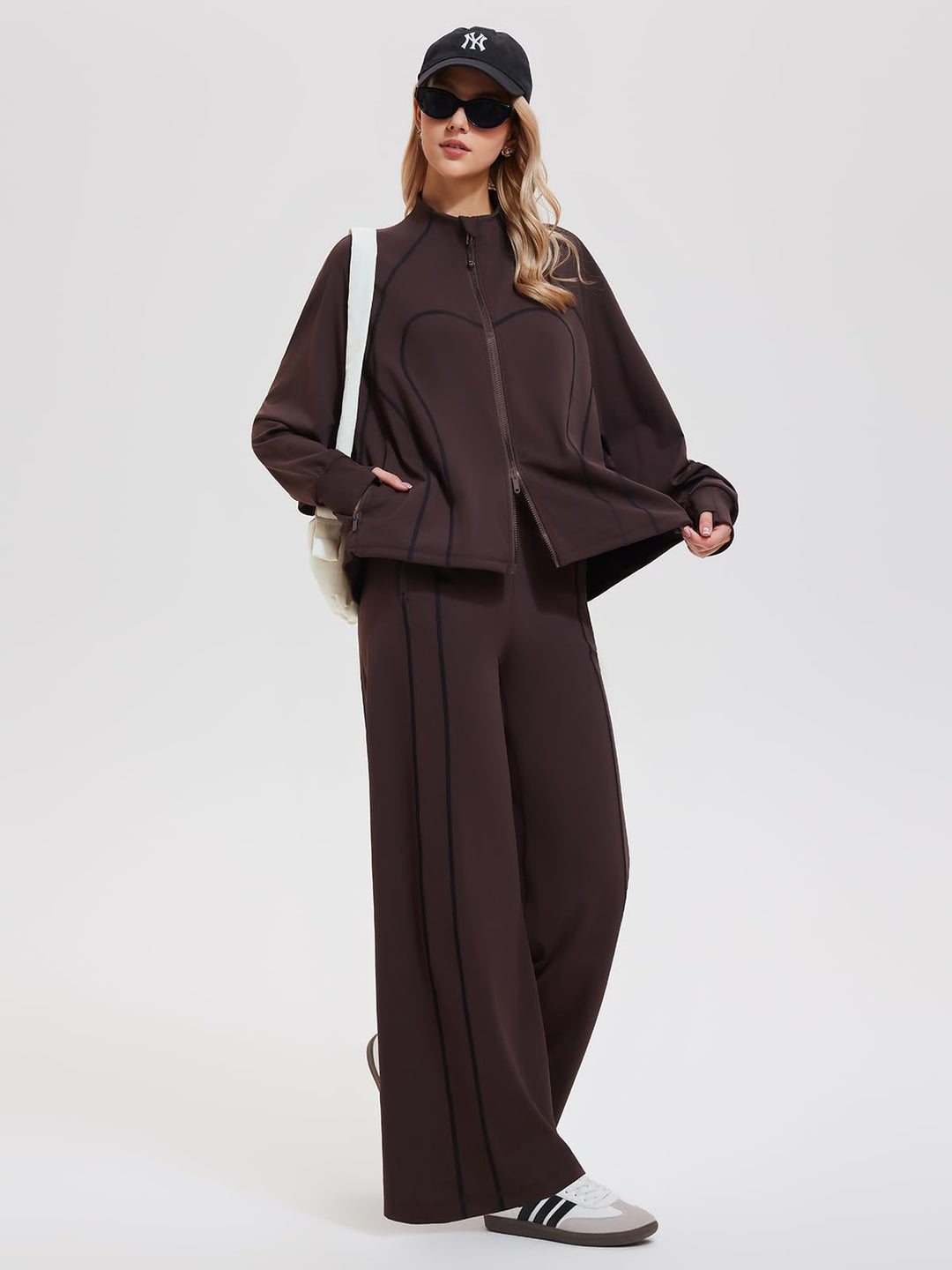 IUK Tall Women’s 2 Piece Athleisure Lounge Set, Oversized Zip Up Jacket &amp; High Waisted Wide Leg Pants, Matching Active Outfit