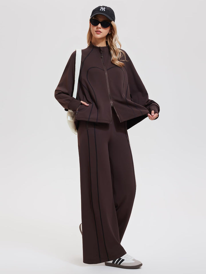 IUK Tall Women’s 2 Piece Athleisure Lounge Set, Oversized Zip Up Jacket &amp; High Waisted Wide Leg Pants, Matching Active Outfit