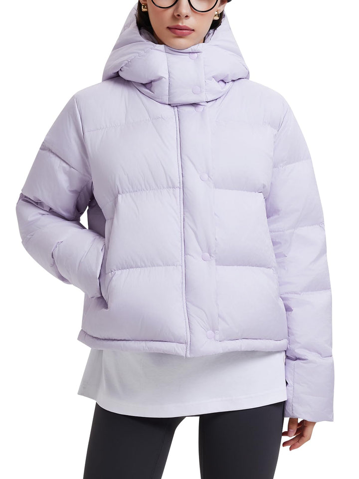 IUK 800 Fill Short Down Puffer Jacket, Relaxed Fit Lightweight Ski Winter Jacket &amp; Coat Snap Button Puffy Cropped Outerwear