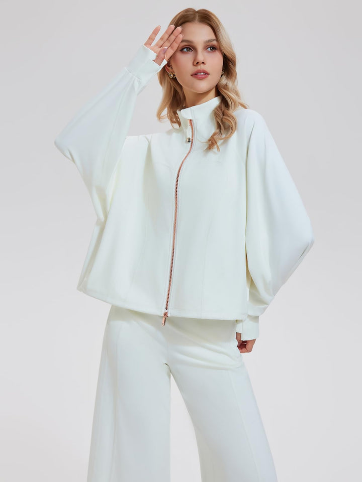 IUK Tall Women’s 2 Piece Athleisure Lounge Set, Oversized Zip Up Jacket &amp; High Waisted Wide Leg Pants, Matching Active Outfit