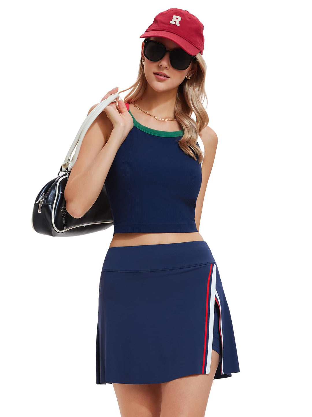 Women’s 2 Piece Tennis Skirt Set Athletic Side Slit Skort with 4 Pockets &amp; Padded Racerback Crop Top for Pickleball Golf