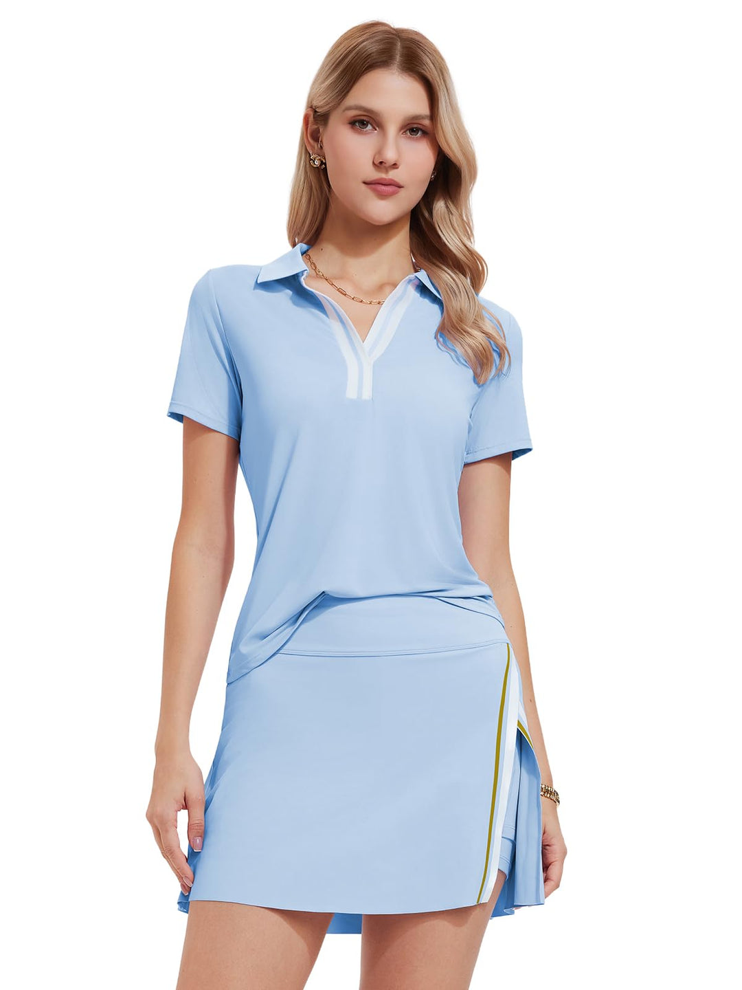 Women’s 2 Piece Tennis Skirt Set Colorblock V Neck Polo &amp; High Waisted Side Slit Skort Athletic Outfit for Pickleball Golf