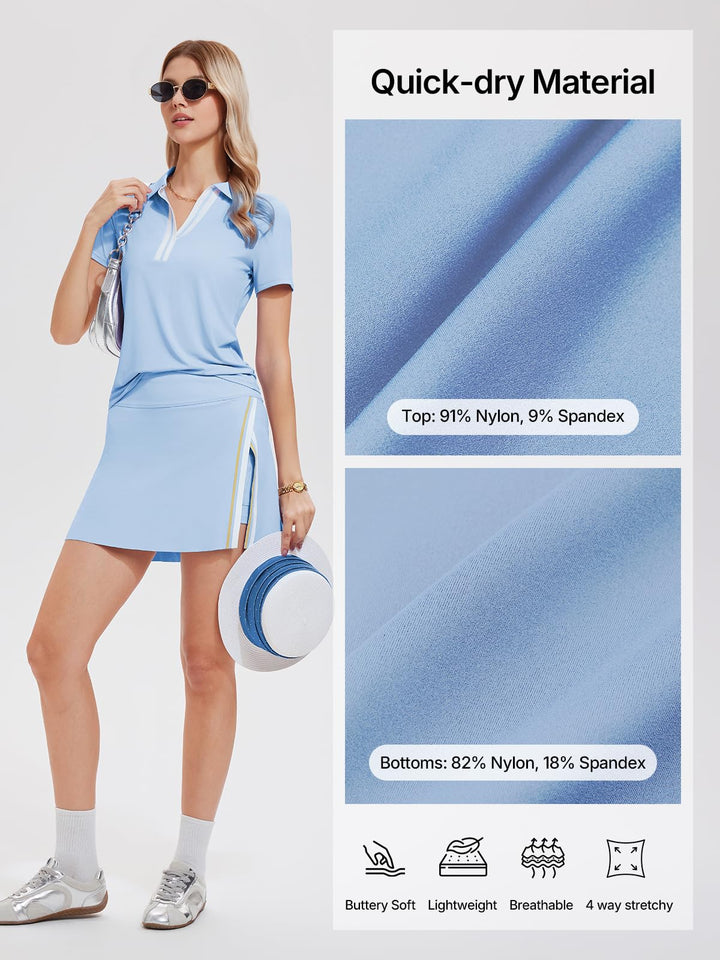 Women’s 2 Piece Tennis Skirt Set Colorblock V Neck Polo &amp; High Waisted Side Slit Skort Athletic Outfit for Pickleball Golf