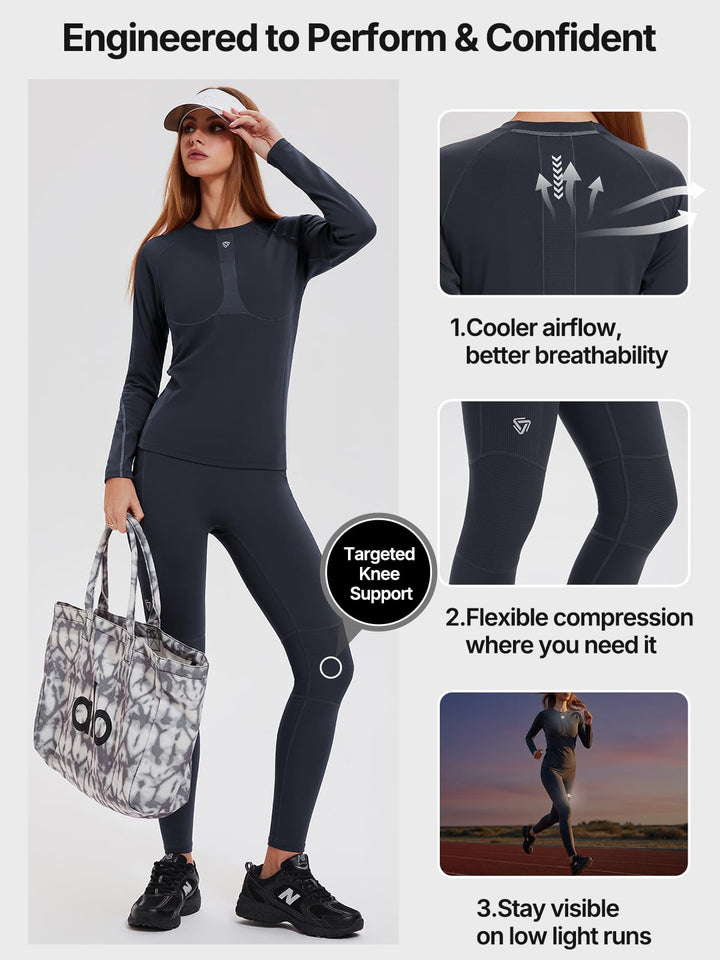 IUK Workout Sets for Women 2 Piece, Compression Running Set with Pockets Cool Dry Base Layer Long Sleeve Gym Track Suits