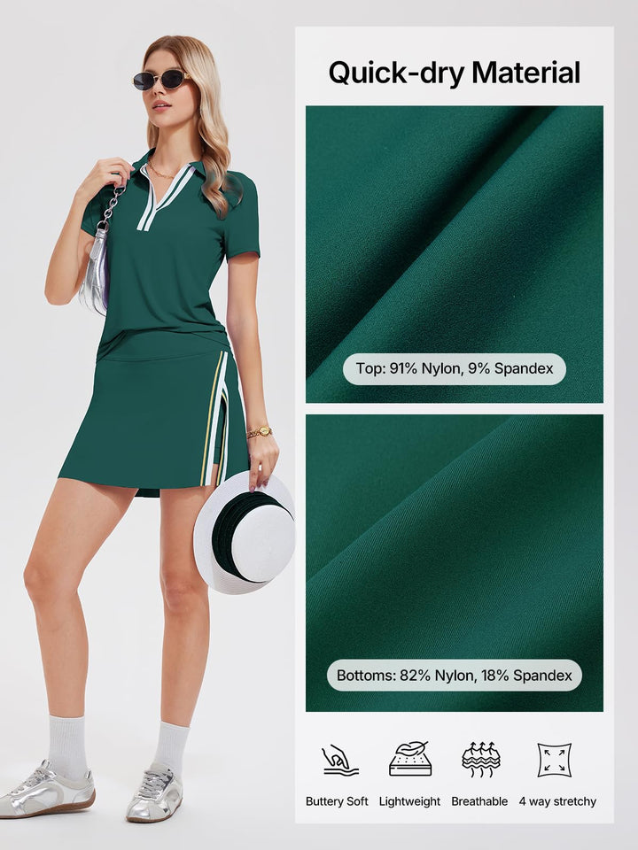 Women’s 2 Piece Tennis Skirt Set Colorblock V Neck Polo &amp; High Waisted Side Slit Skort Athletic Outfit for Pickleball Golf