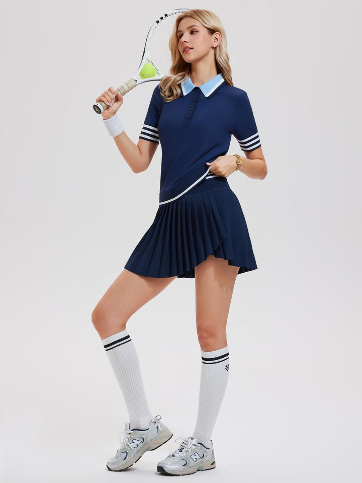 Women’s 2 Piece Tennis Skirt Set, Preppy Polo Top &amp; High Waisted Pleated Skort with Pockets, Athletic Golf Pickleball Outfit