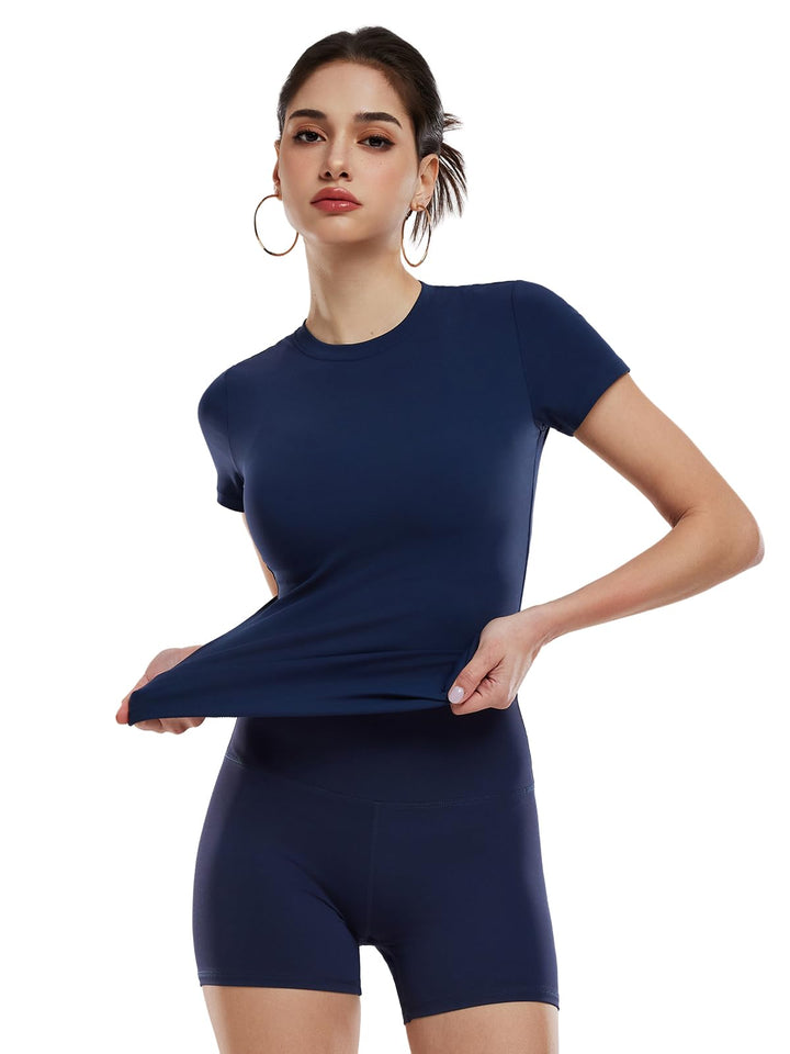 Women’s 2 Piece Workout Set, Slim Fit Crew Neck T Shirt &amp; High Waisted 4 Inch Athletic Shorts, Matching Activewear Outfit