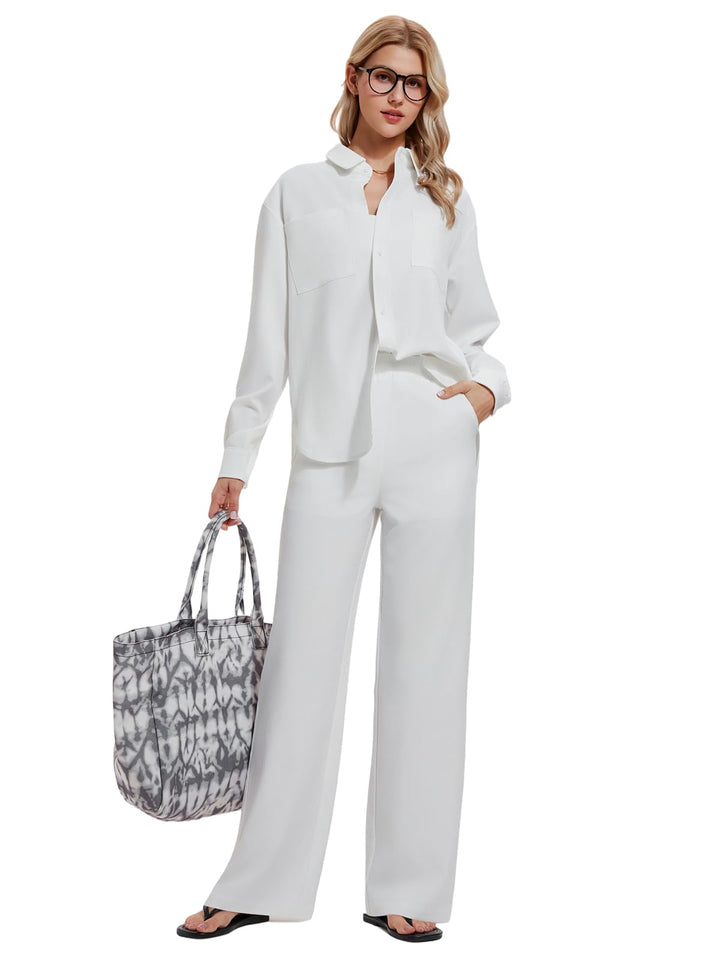 IUK Women’s 2 Piece Pinstripe Oversized Button Down Blouse &amp; Straight Leg Pants Travel Casual Workwear Lightweight Breathable