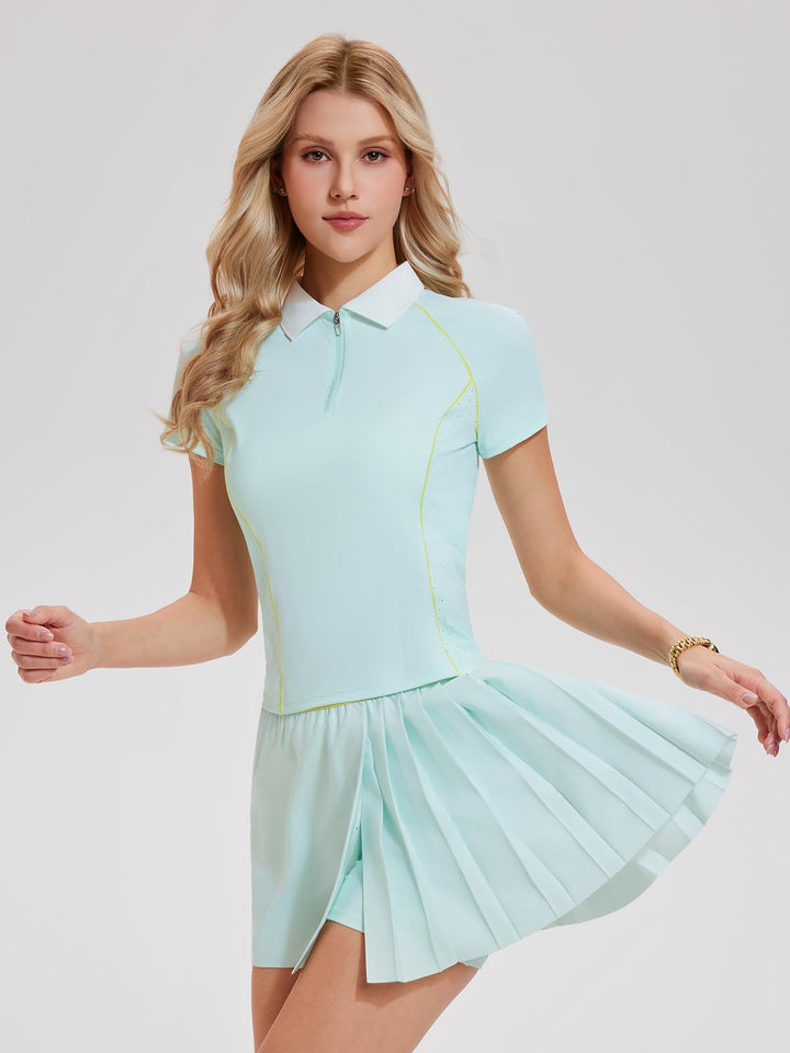 Women’s Tennis Outfit 2 Piece Half-Zip Polo Shirt &amp; Pleated Skirt Set Athletic Golf Pickleball Skort with Shorts and Pockets