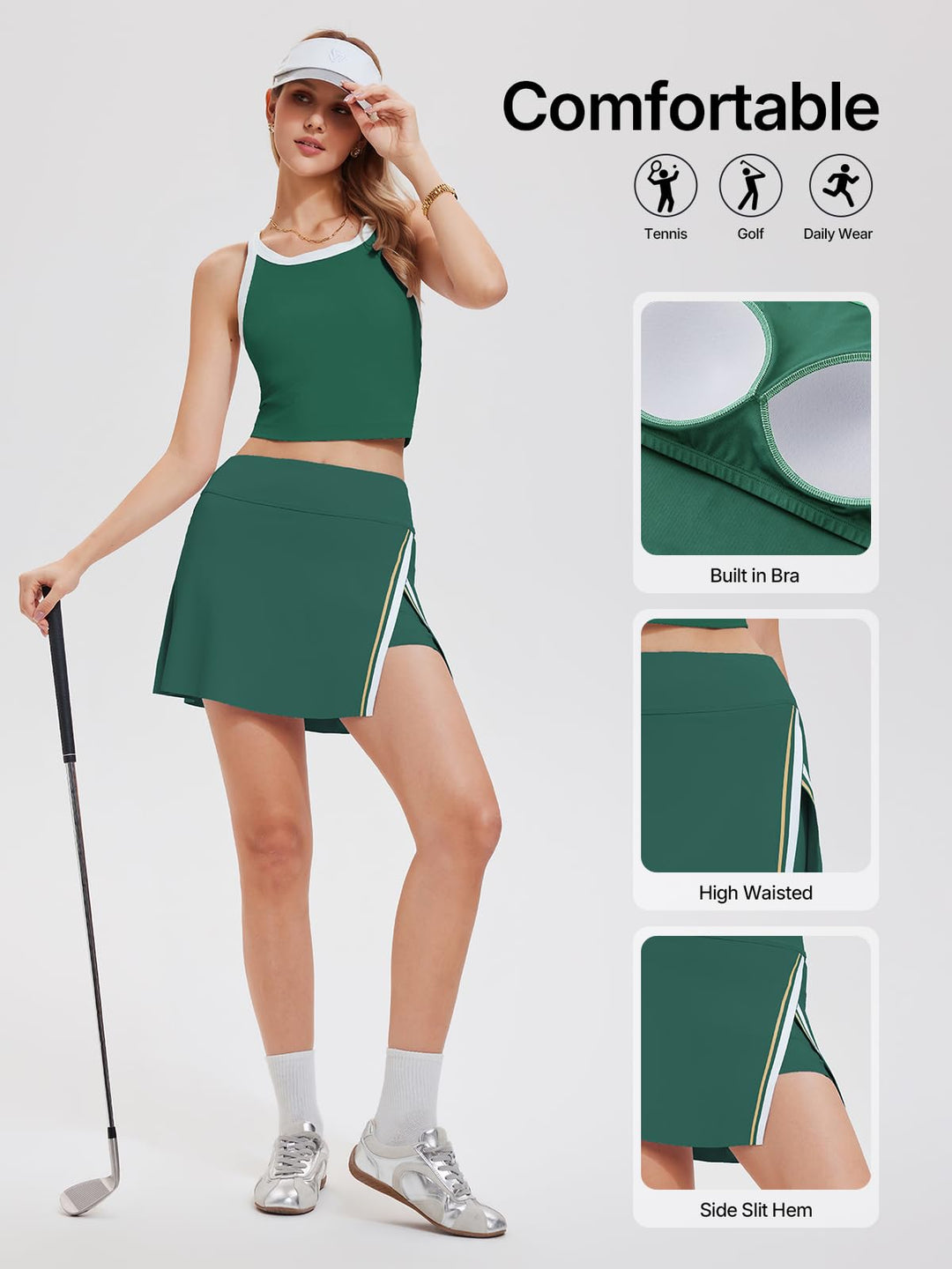 Women’s 2 Piece Tennis Skirt Set Athletic Side Slit Skort with 4 Pockets &amp; Padded Racerback Crop Top for Pickleball Golf