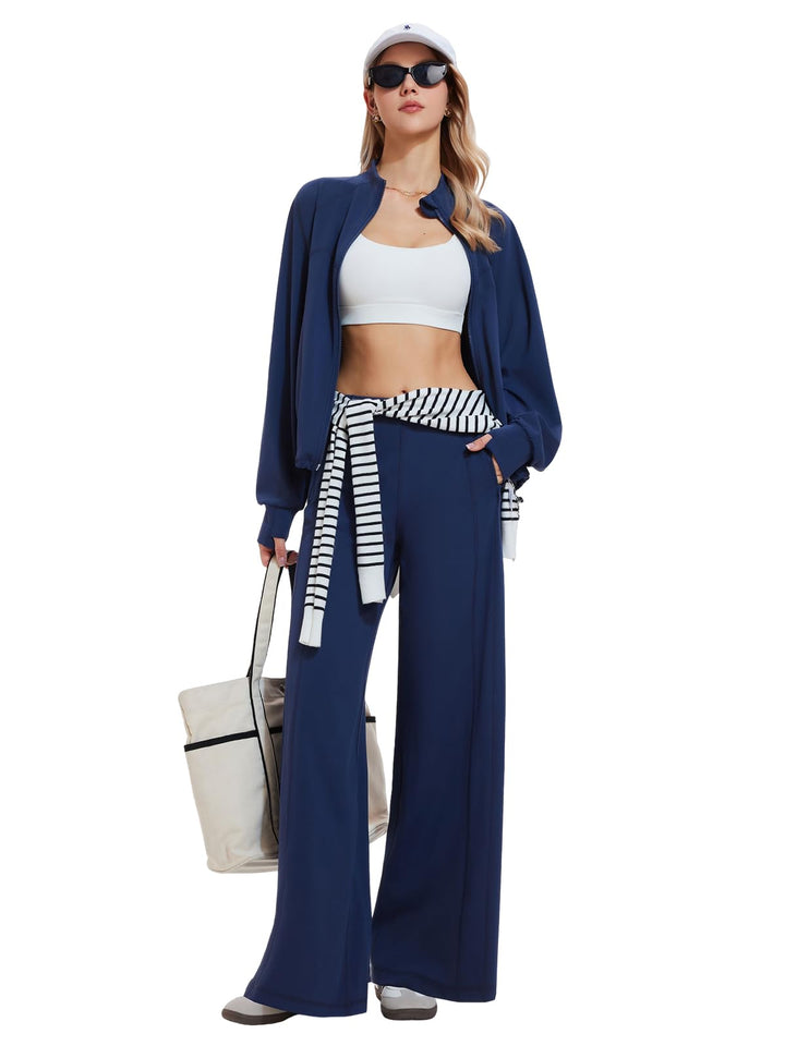 IUK Tall Women’s 2 Piece Athleisure Lounge Set, Oversized Zip Up Jacket &amp; High Waisted Wide Leg Pants, Matching Active Outfit
