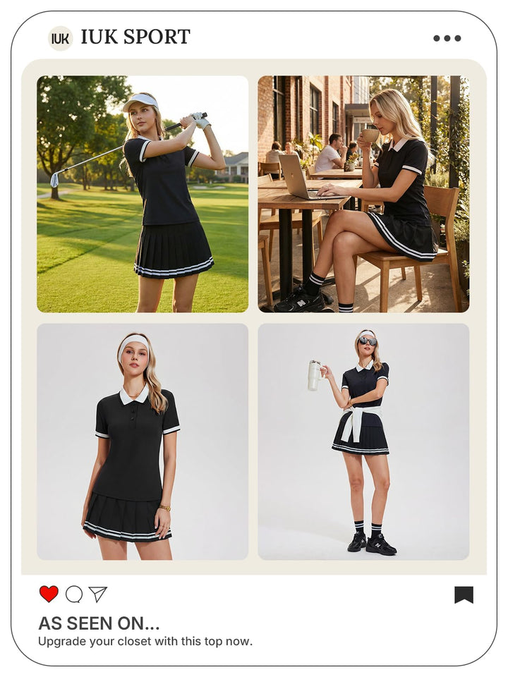 IUK Womens 2 Piece Tennis Skirt Set Polo Pleated Skort with Pockets Golf Pickleball Badminton Athletic Workout Outfit