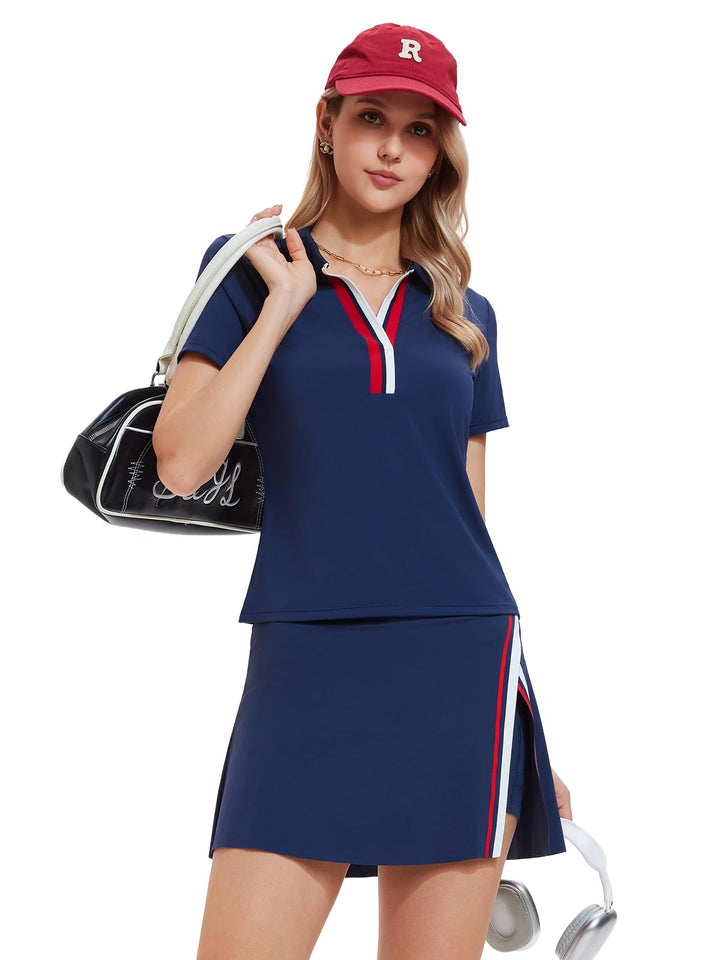 Women’s 2 Piece Tennis Skirt Set Colorblock V Neck Polo &amp; High Waisted Side Slit Skort Athletic Outfit for Pickleball Golf