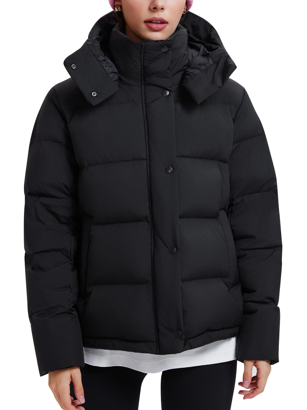 IUK 800 Fill Short Down Puffer Jacket, Relaxed Fit Lightweight Ski Winter Jacket &amp; Coat Snap Button Puffy Cropped Outerwear