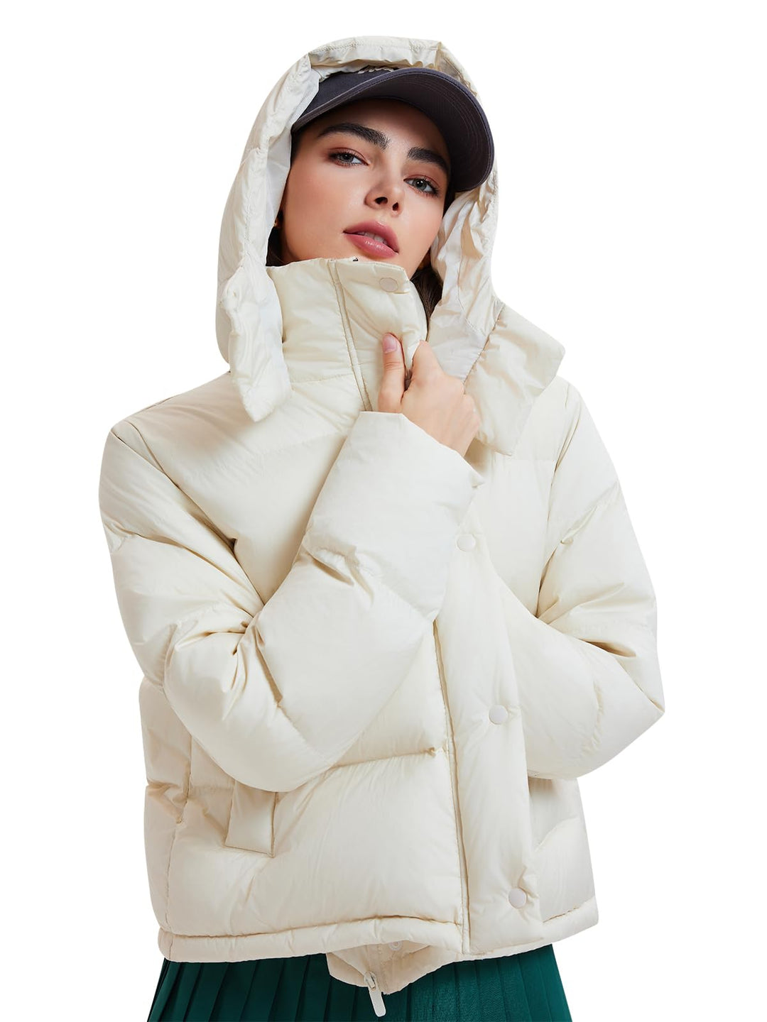 IUK 800 Fill Short Down Puffer Jacket, Relaxed Fit Lightweight Ski Winter Jacket &amp; Coat Snap Button Puffy Cropped Outerwear