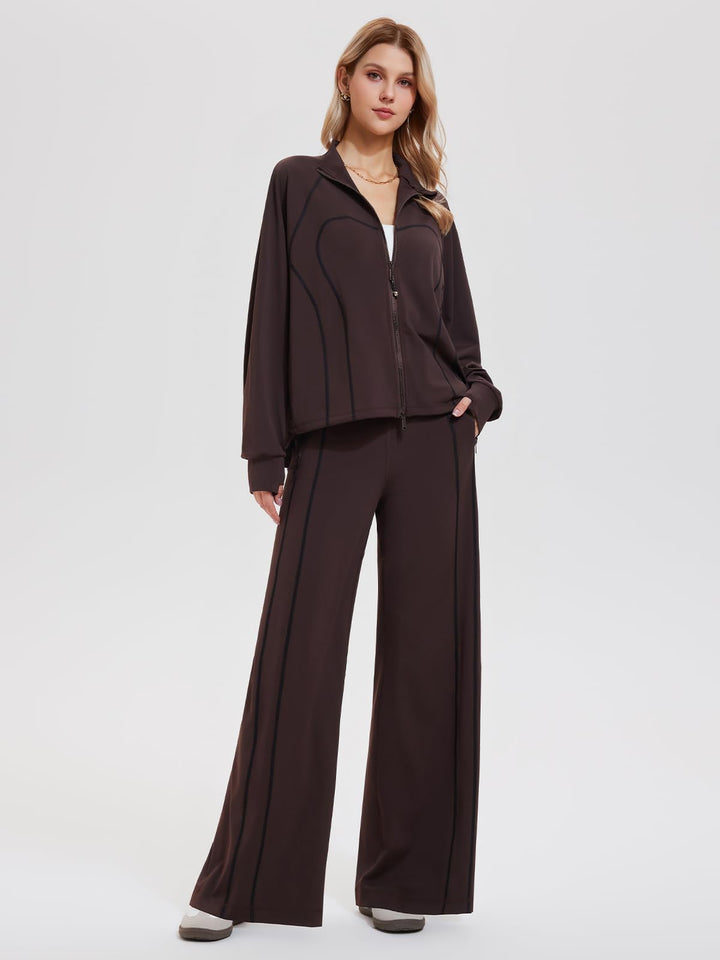 IUK Women’s 2 Piece Tracksuits Two-Way Zip Up Jacket &amp; Mid Rise Wide Leg Sweatpant Workout Lounge Sets Gym Athletic Outfits