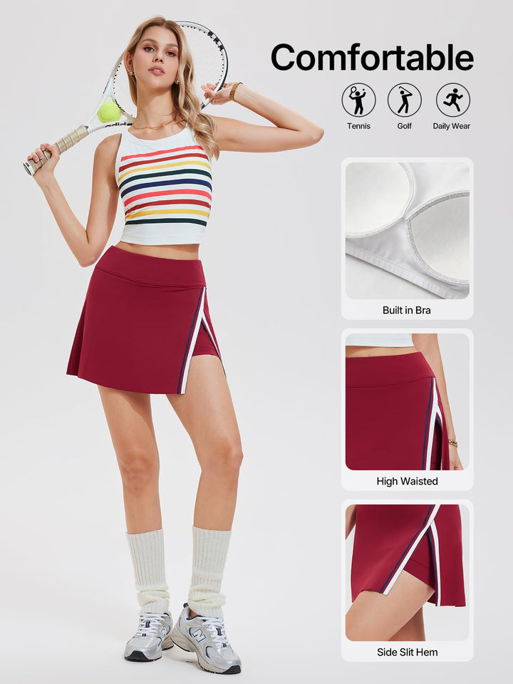 Women’s 2 Piece Tennis Skirt Set Athletic Side Slit Skort with 4 Pockets &amp; Padded Racerback Crop Top for Pickleball Golf