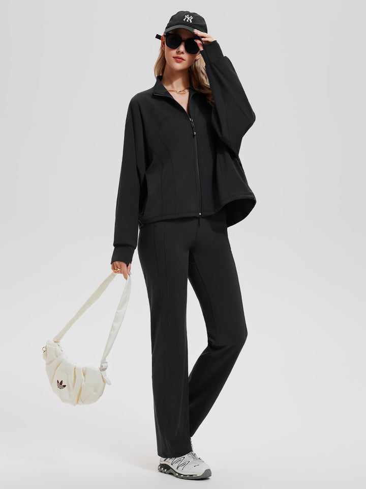 IUK Women’s 2 Piece Athleisure Lounge Set, Oversized Zip Up Jacket &amp; High Waisted Straight Leg Pants, Matching Outfit