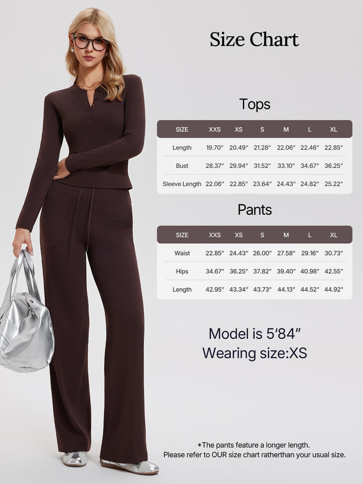 Womens Henley Y2K Lounge Sets 2 Piece Outfit Airport Travel Tracksuit Sweatsuit Outfits Tall Matching Set High Waist Pants