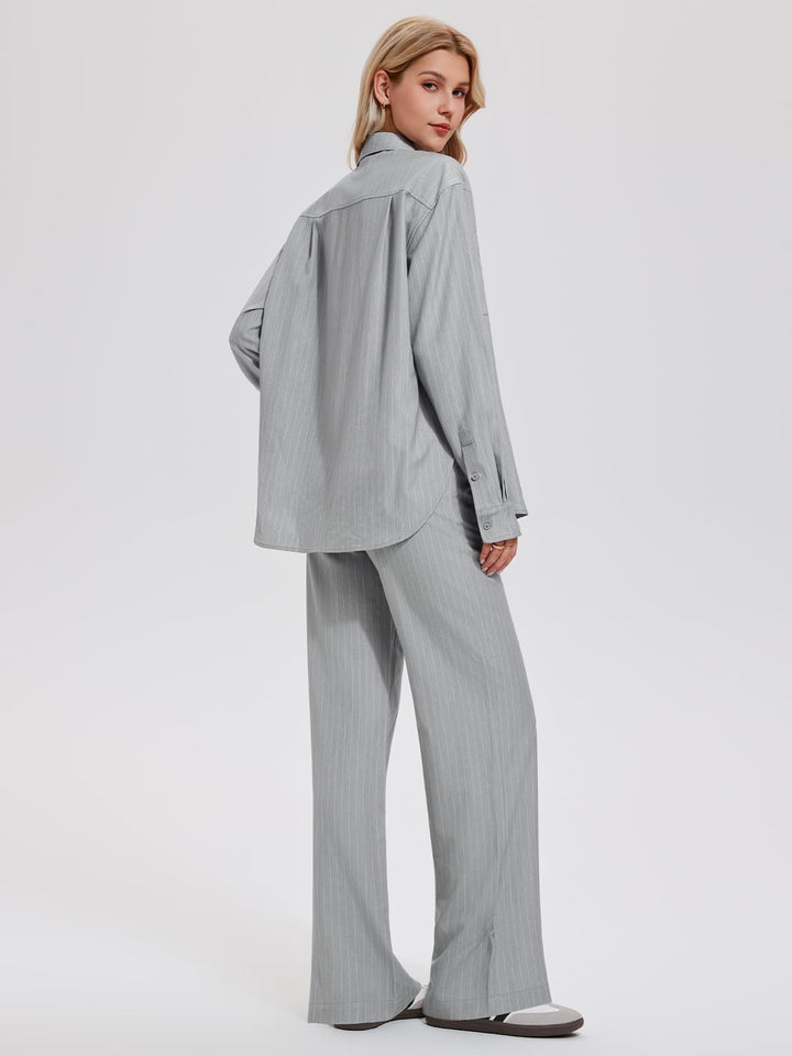 IUK Women’s 2 Piece Pinstripe Oversized Button Down Blouse &amp; Straight Leg Pants Travel Casual Workwear Lightweight Breathable