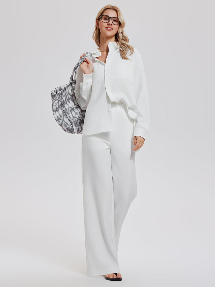 IUK Women’s 2 Piece Pinstripe Oversized Button Down Blouse &amp; Straight Leg Pants Travel Casual Workwear Lightweight Breathable