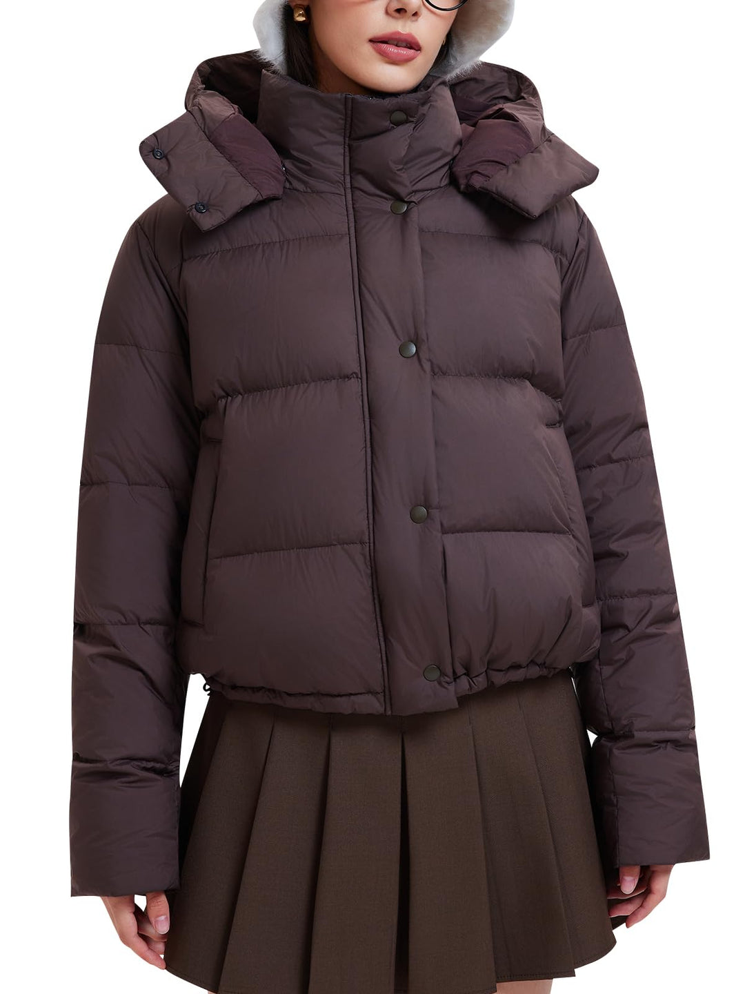 IUK 800 Fill Short Down Puffer Jacket, Relaxed Fit Lightweight Ski Winter Jacket &amp; Coat Snap Button Puffy Cropped Outerwear