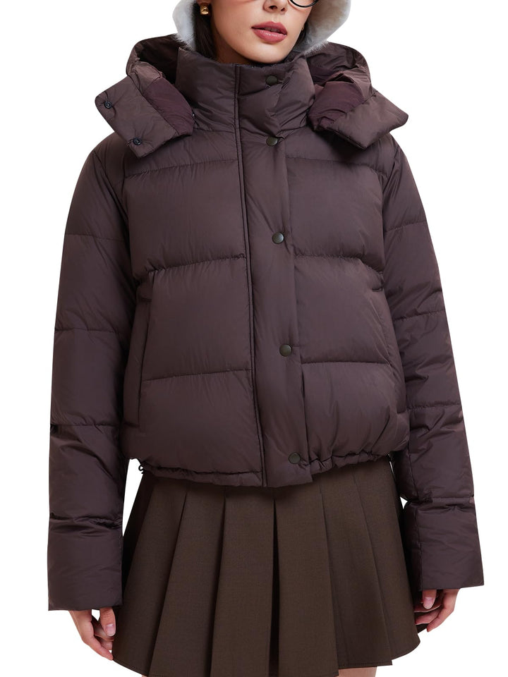 IUK 800 Fill Short Down Puffer Jacket, Relaxed Fit Lightweight Ski Winter Jacket &amp; Coat Snap Button Puffy Cropped Outerwear