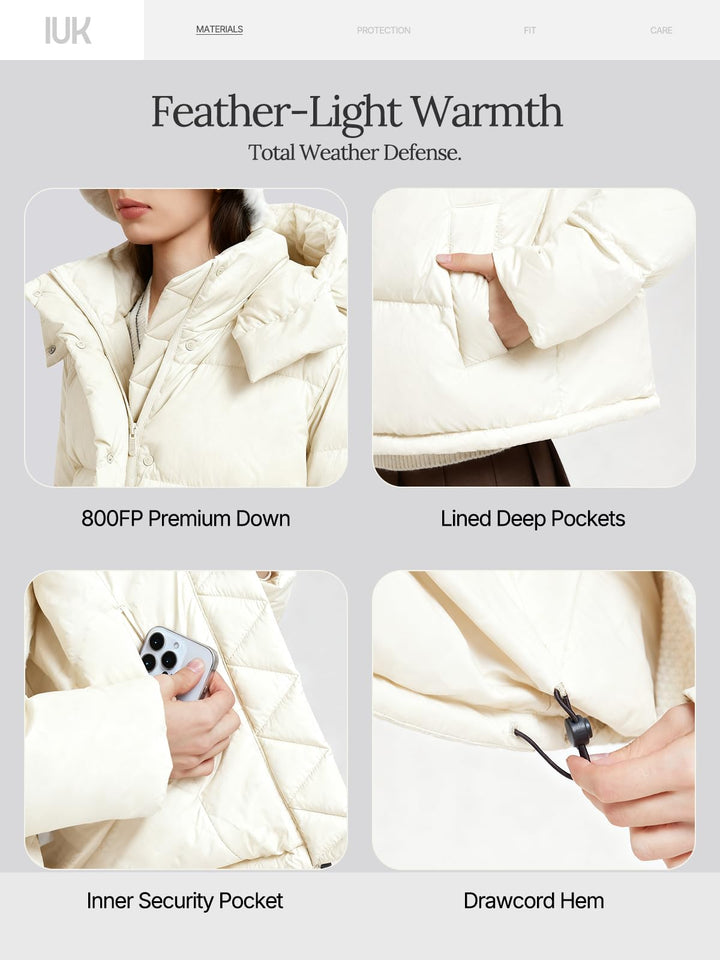 IUK 800 Fill Short Down Puffer Jacket, Relaxed Fit Lightweight Ski Winter Jacket &amp; Coat Snap Button Puffy Cropped Outerwear