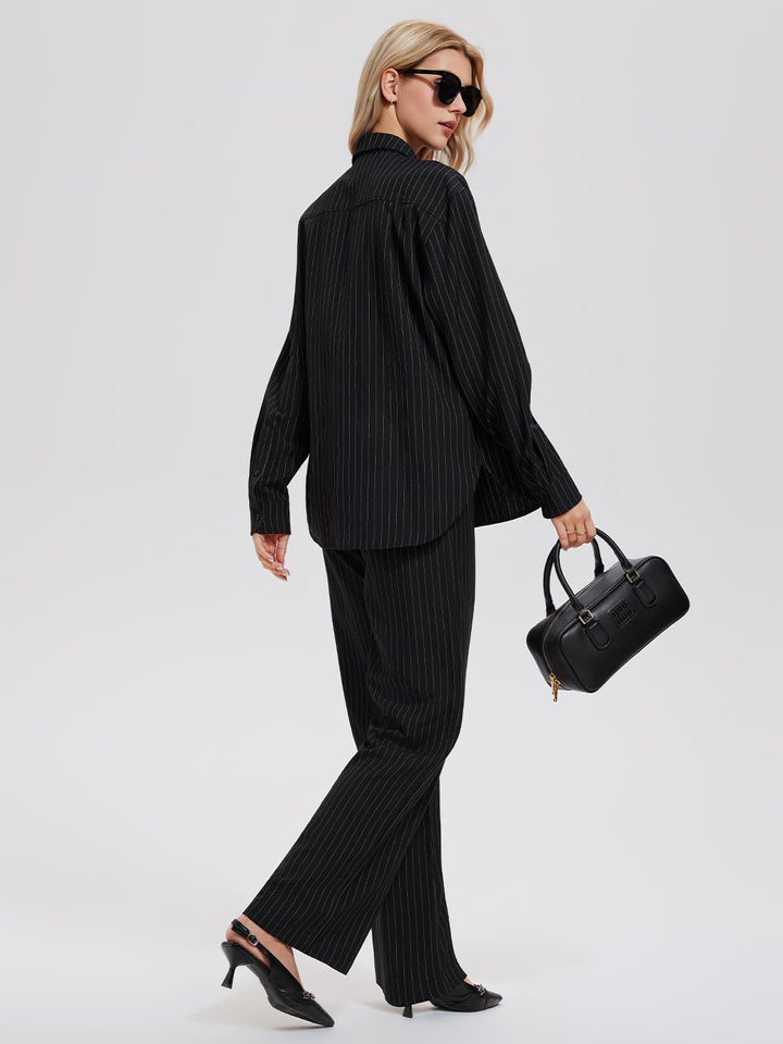 IUK Women’s 2 Piece Pinstripe Oversized Button Down Blouse &amp; Straight Leg Pants Travel Casual Workwear Lightweight Breathable