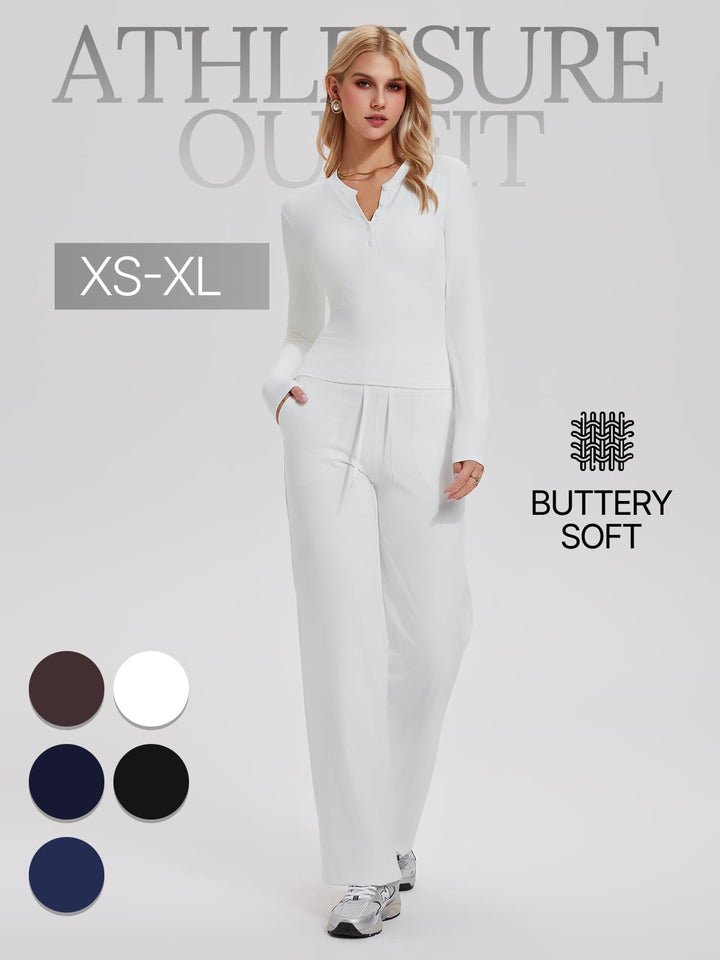 Womens Henley Y2K Lounge Sets 2 Piece Outfit Airport Travel Tracksuit Sweatsuit Outfits Tall Matching Set High Waist Pants