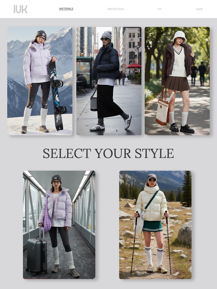 IUK 800 Fill Short Down Puffer Jacket, Relaxed Fit Lightweight Ski Winter Jacket &amp; Coat Snap Button Puffy Cropped Outerwear