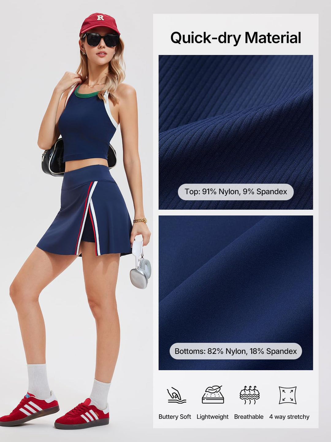Women’s 2 Piece Tennis Skirt Set Athletic Side Slit Skort with 4 Pockets &amp; Padded Racerback Crop Top for Pickleball Golf