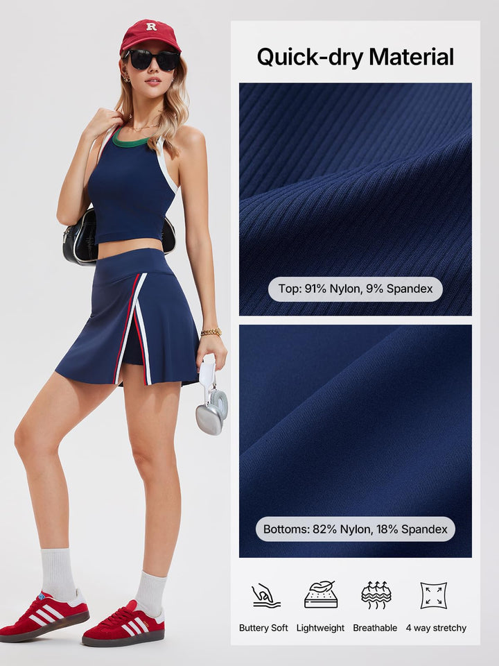 Women’s 2 Piece Tennis Skirt Set Athletic Side Slit Skort with 4 Pockets &amp; Padded Racerback Crop Top for Pickleball Golf