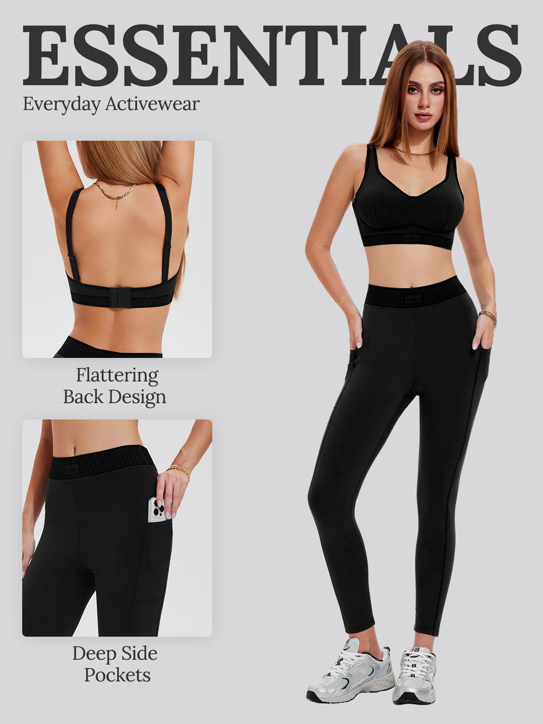 IUK Workout Sets for Women 2 Piece Matching Set, V Neck Bra Leggings with Pockets, Winter Gym Travel Outfits Yoga Lounge Fall