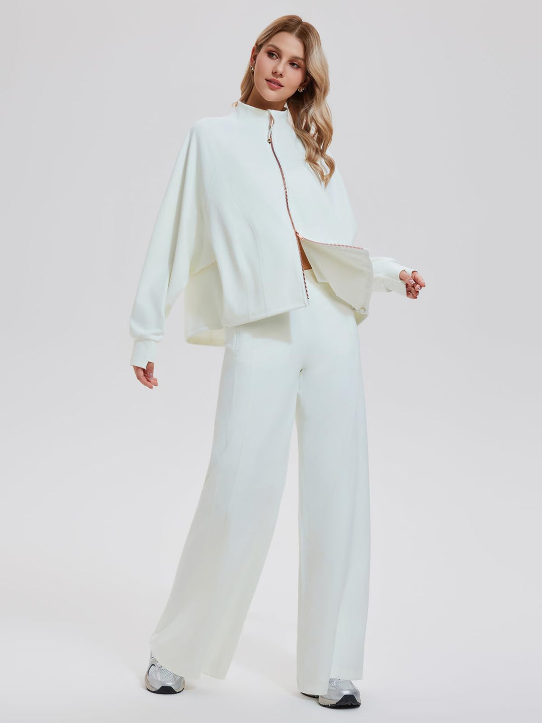 IUK Tall Women’s 2 Piece Athleisure Lounge Set, Oversized Zip Up Jacket &amp; High Waisted Wide Leg Pants, Matching Active Outfit