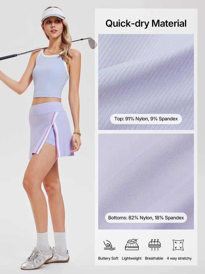 Women’s 2 Piece Tennis Skirt Set Athletic Side Slit Skort with 4 Pockets &amp; Padded Racerback Crop Top for Pickleball Golf