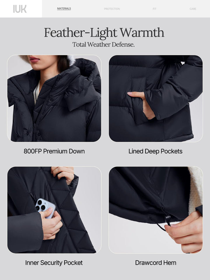 IUK 800 Fill Short Down Puffer Jacket, Relaxed Fit Lightweight Ski Winter Jacket &amp; Coat Snap Button Puffy Cropped Outerwear